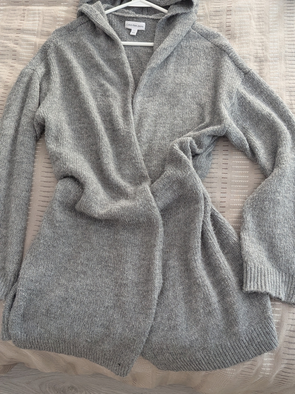 Calvin Klein Jeans Light Gray Hooded Open Front Cardigan